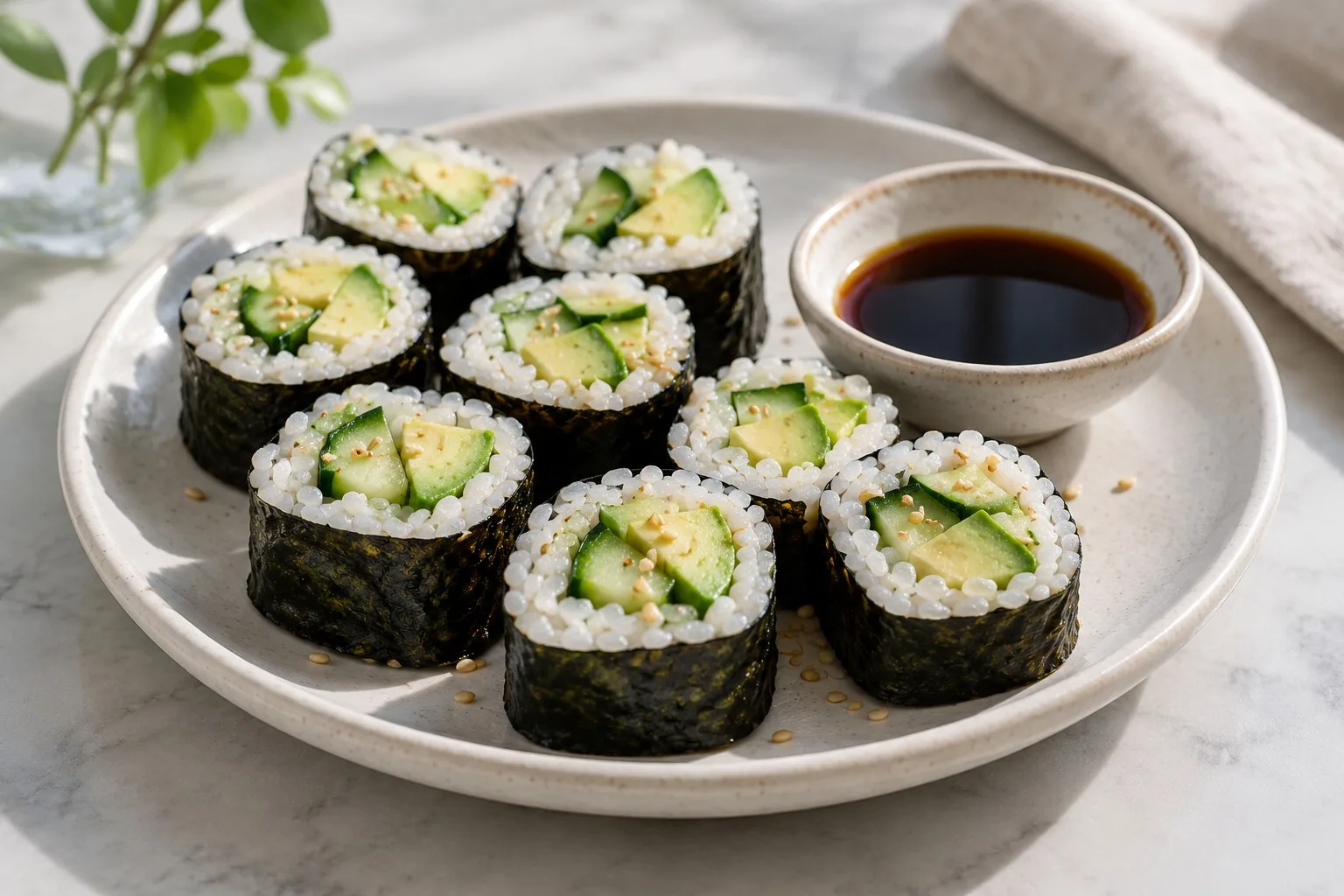 Sushi-Rollen mit Gurke und Avocado neben einer kleinen Schale Sauce